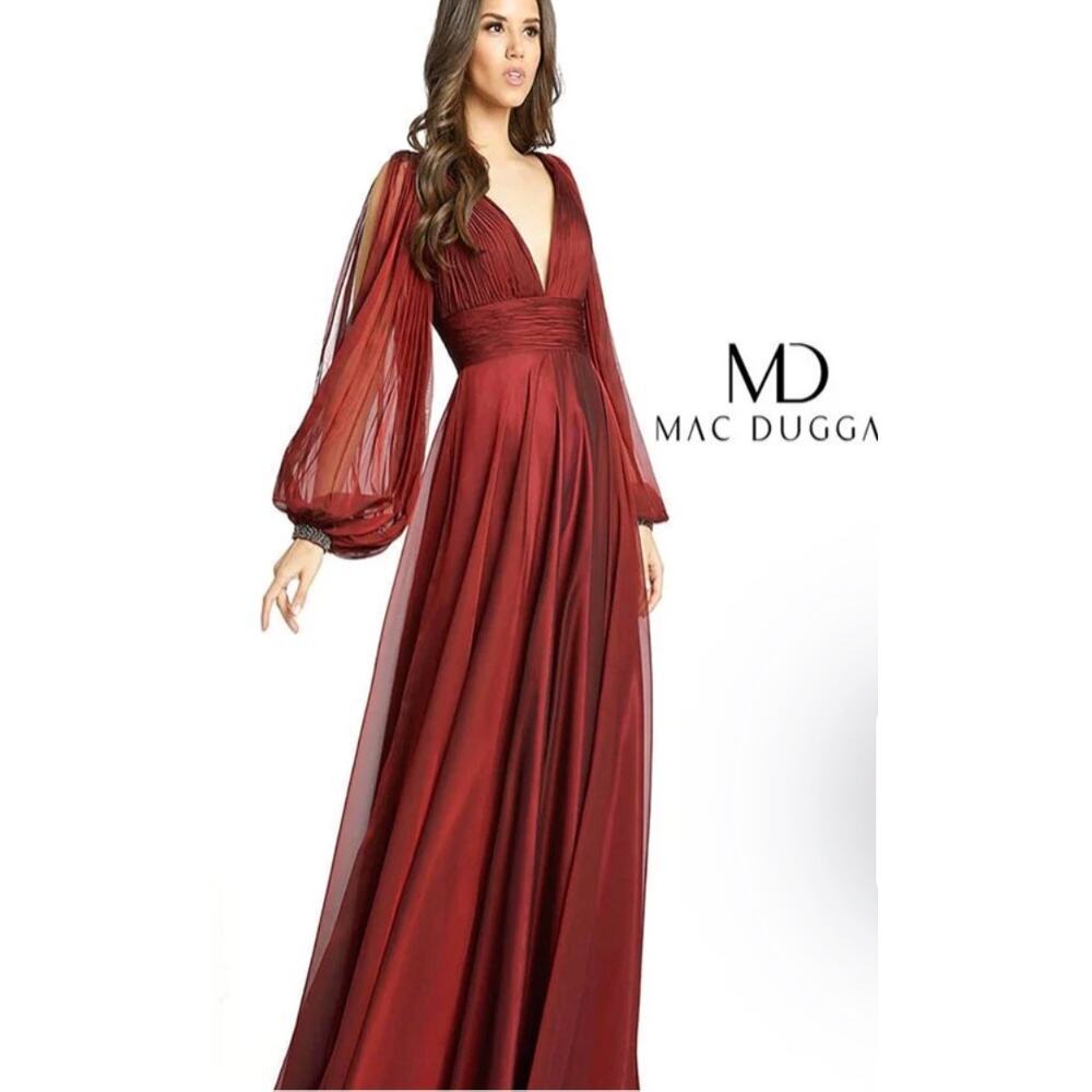 New!Mac Duggal Deep Red Long Sleeve Flowy Eleban Chiffon Gown Sz 8 - Picture 9 of 10